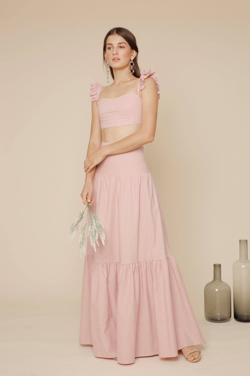 GUADA DRESS Crop Ruffle Top and High Waist Shirred Maxi Skirt Pink Linen