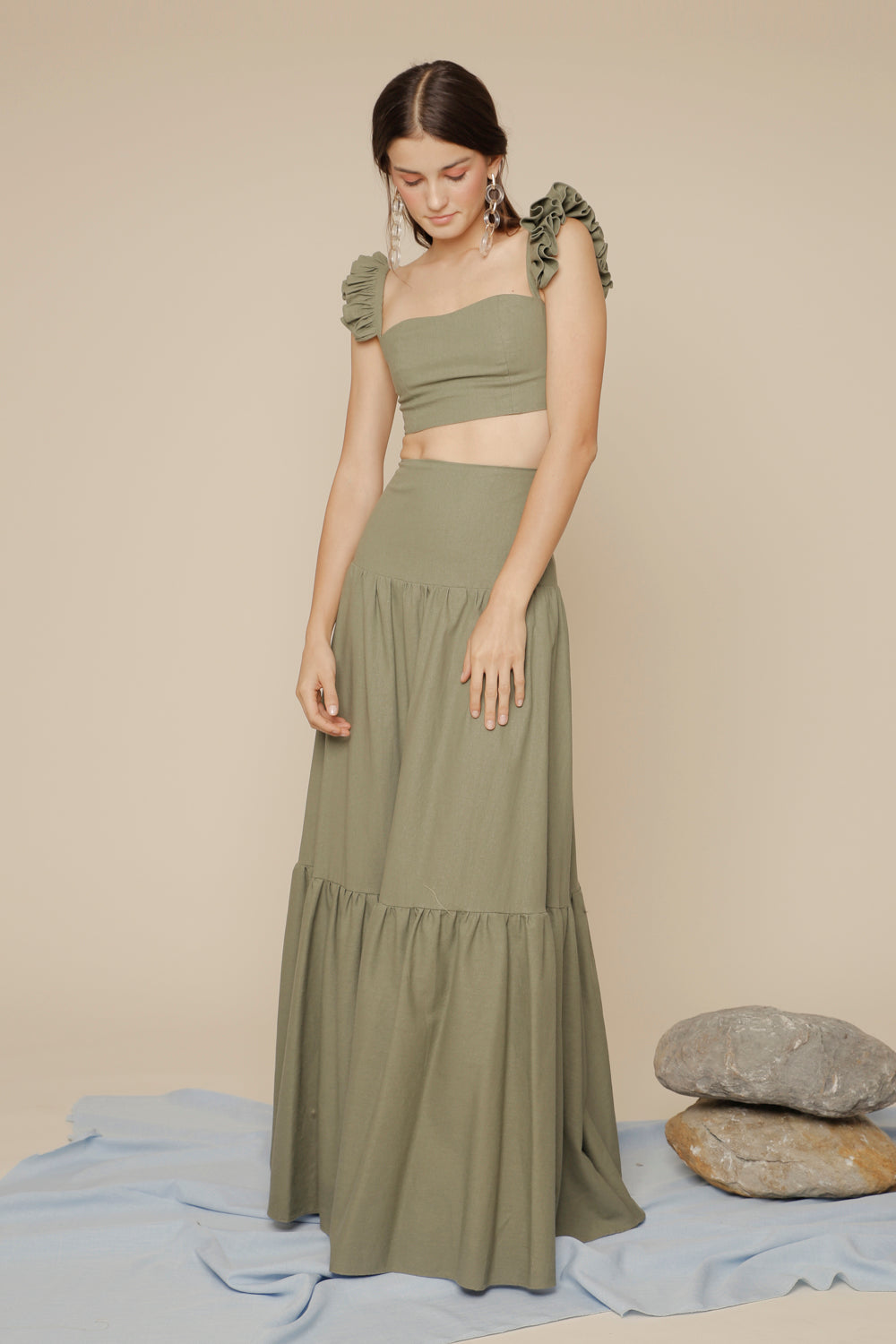 GUADA DRESS Crop Ruffle Top and High Waist Shirred Maxi Skirt (Olive L –  Zoo Label