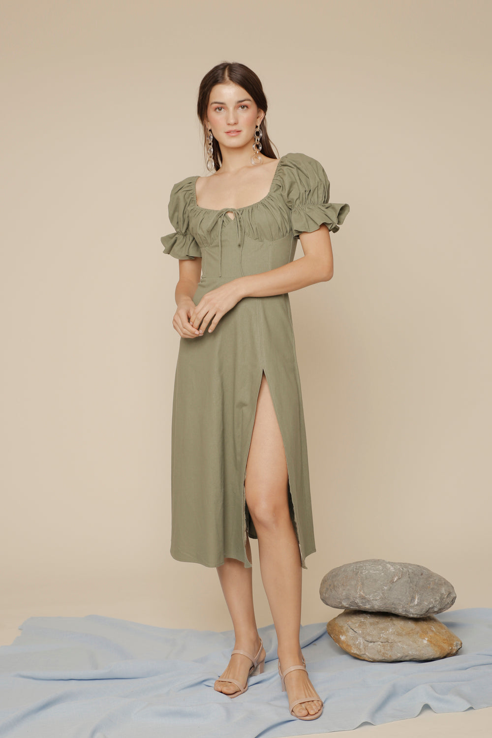 Drawstring shoulder 2024 midi dress