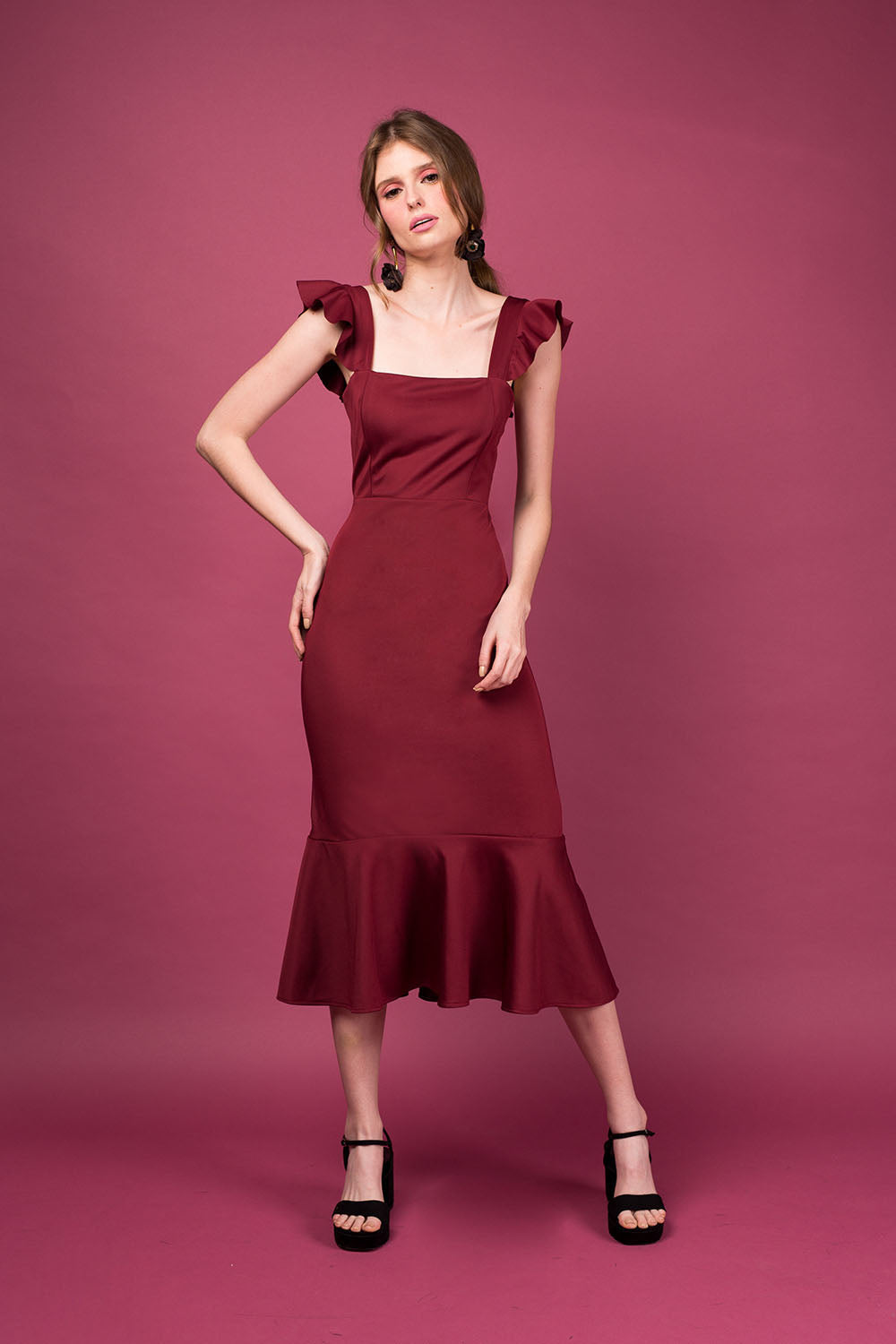 Ruffle best sale burgundy dress