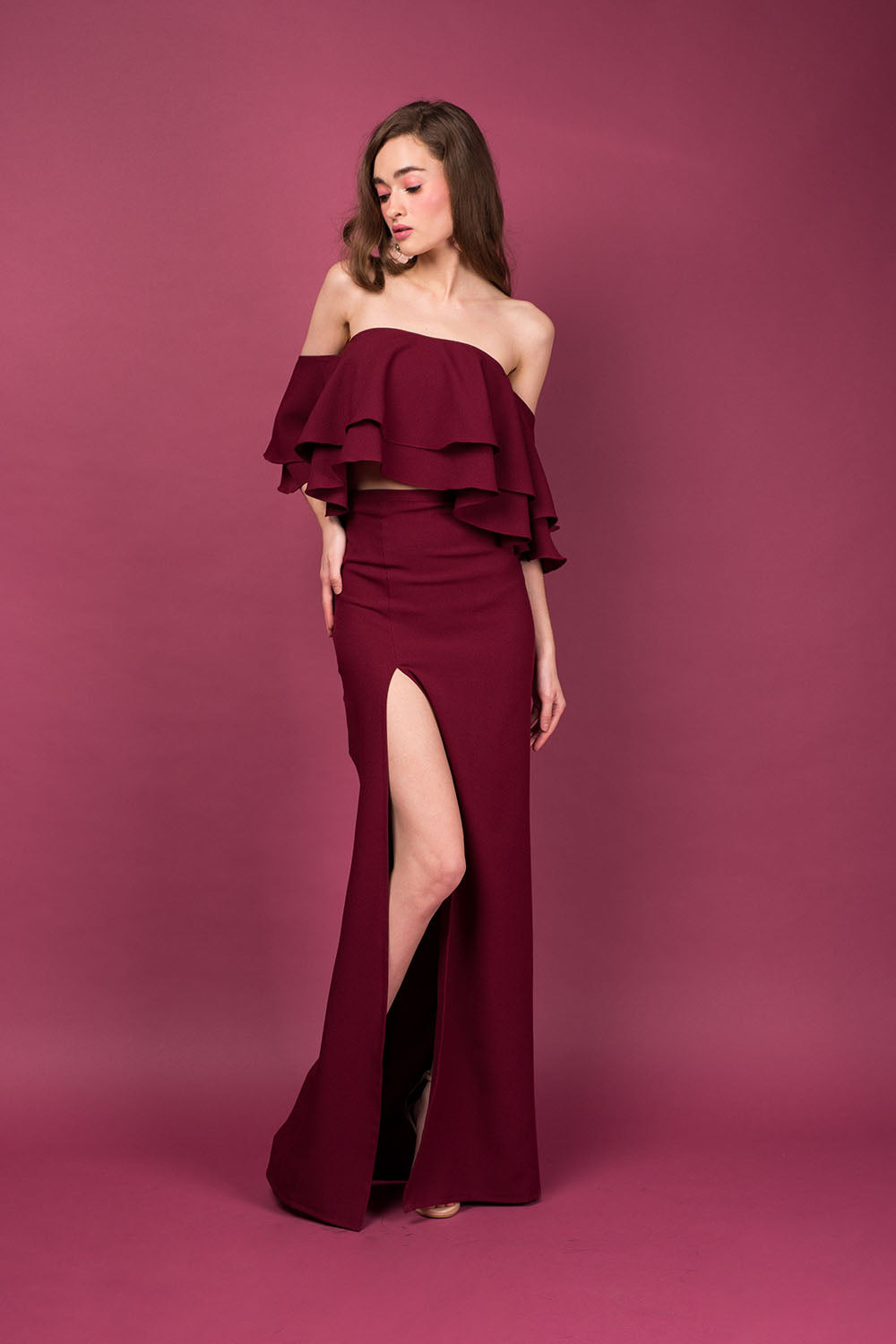 EMILIA DRESS SET Layered Off Shoulder Top + High Slit Skirt (Dark Maroon)