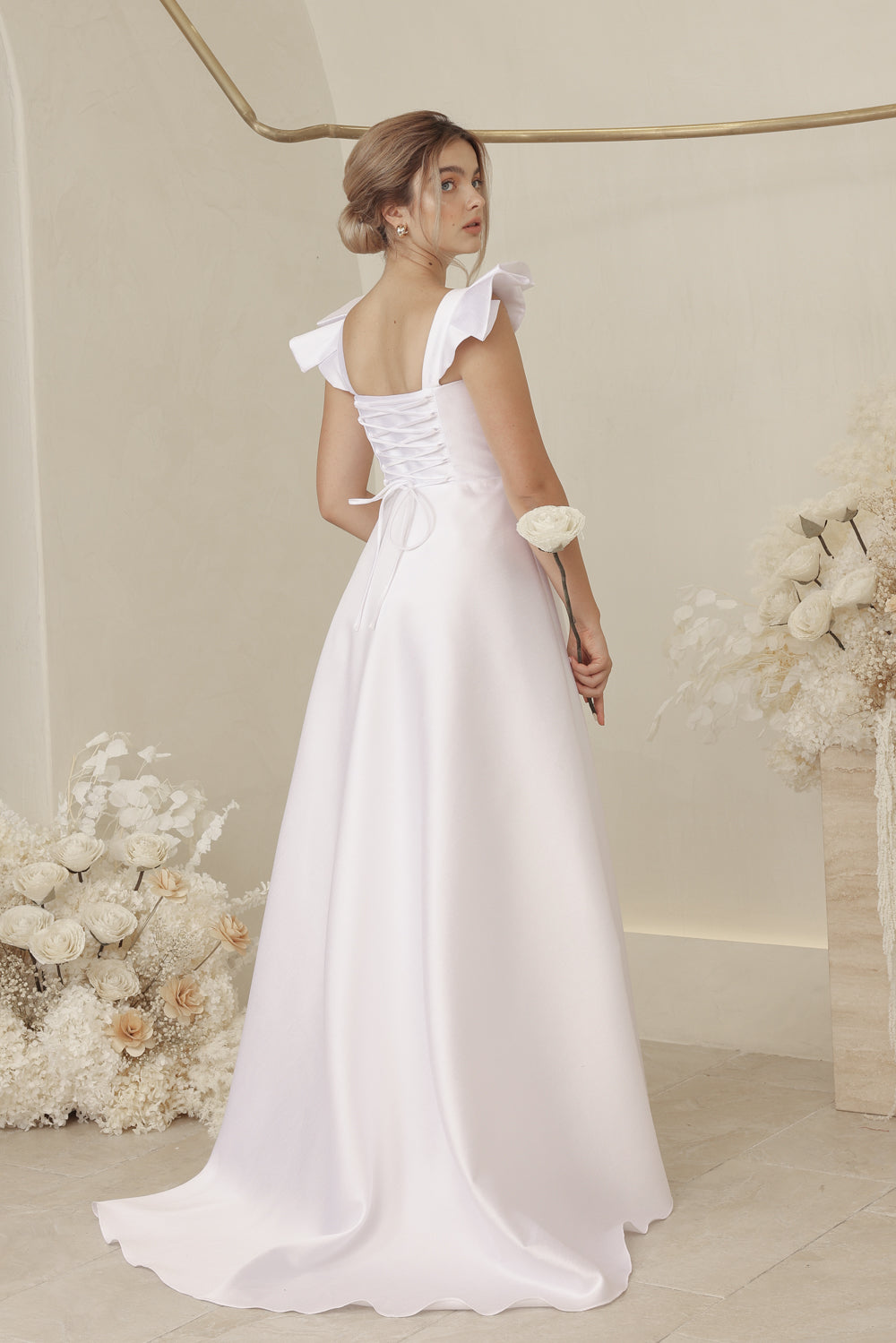 CLEMENCE Ruffle Sleeve Full Length Gown with Lace Up Back Detail