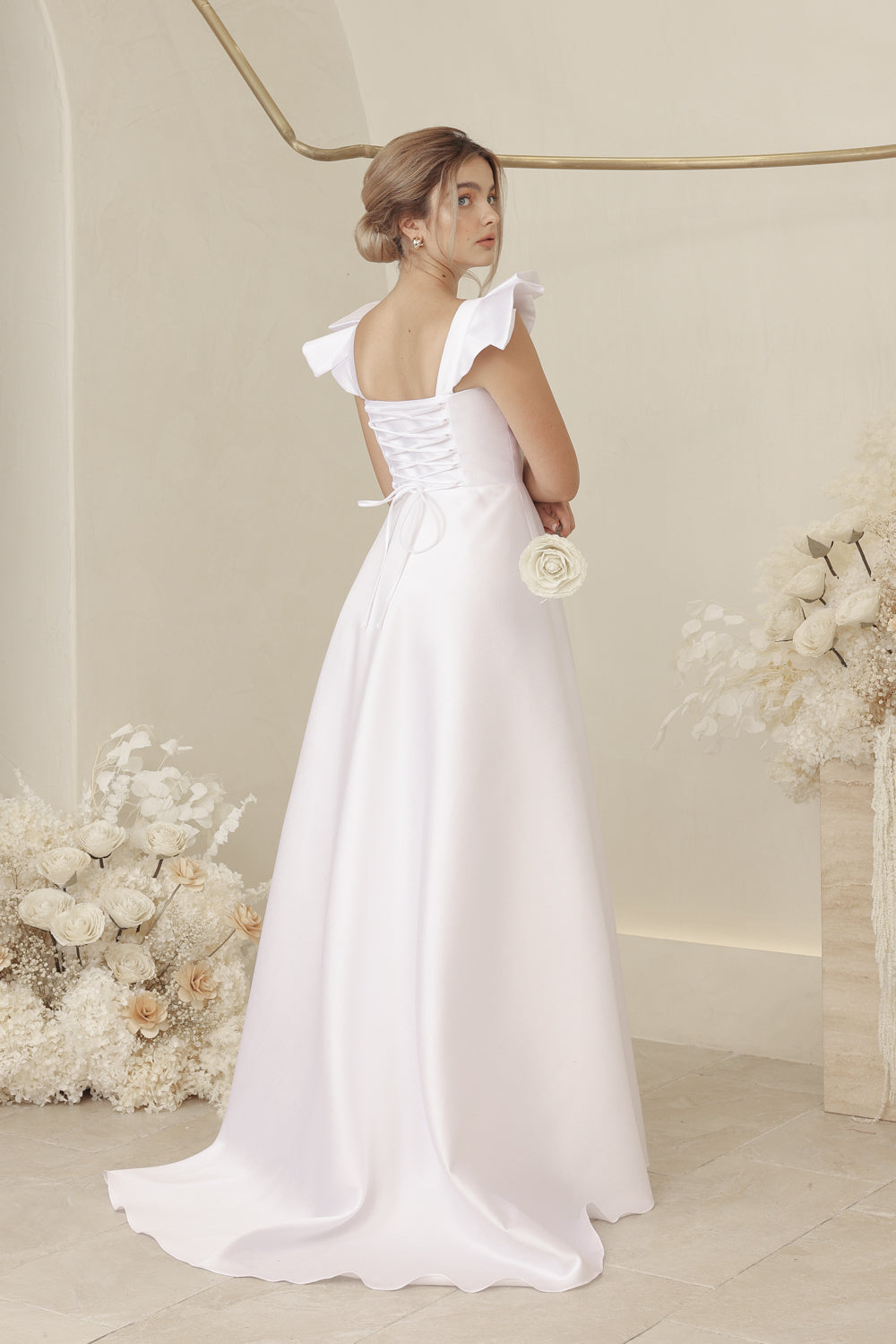 CLEMENCE Ruffle Sleeve Full Length Gown with Lace Up Back Detail and Mini Trail Ivory White Gazaar