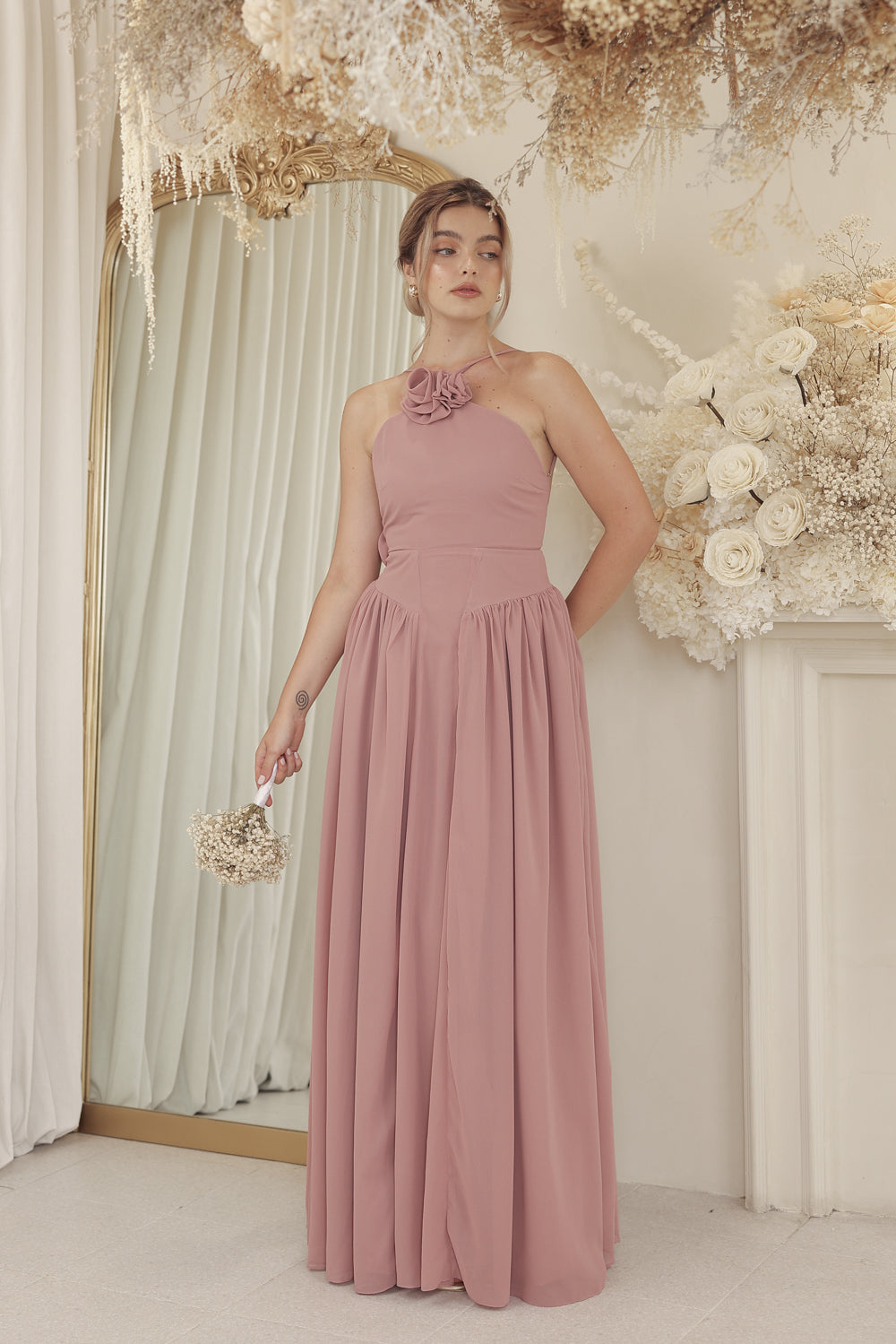 MARINE Sleeveless Chiffon Full Length Dress with Floral Details