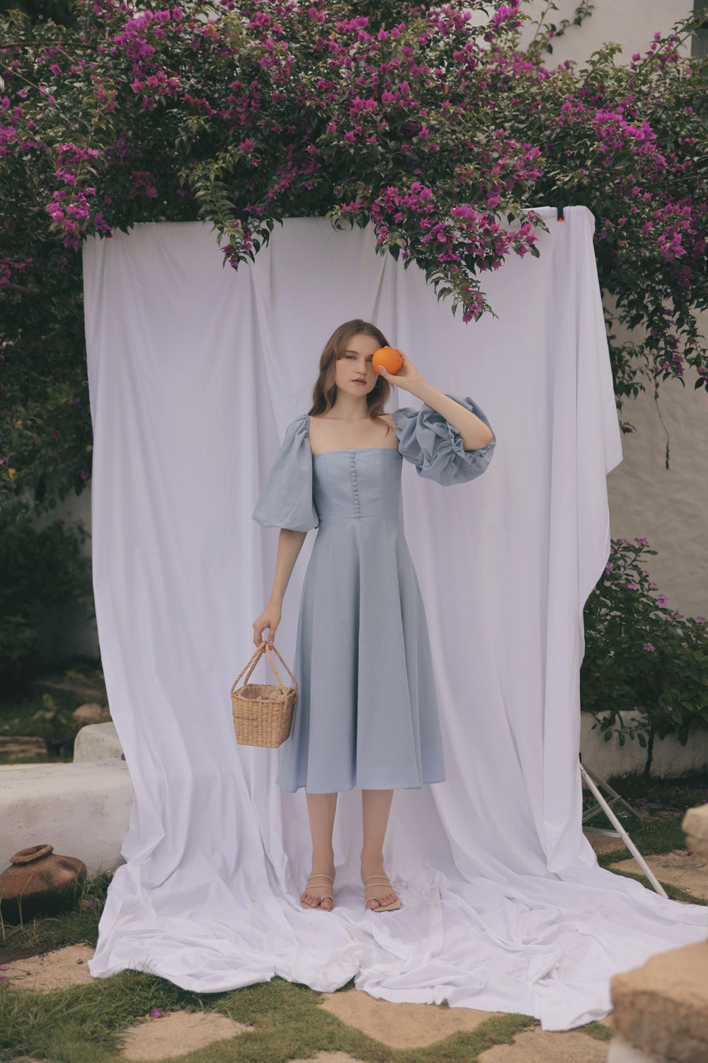 MARSEILLE Two Way Puff Sleeve Midi Dress with Covered Buttons and Square  Neckline (Serenity Blue Linen)