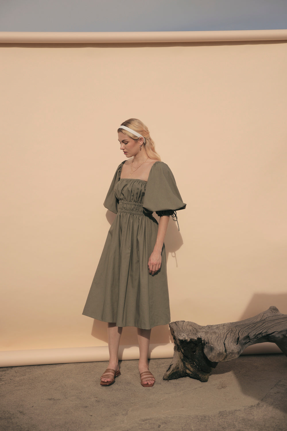 OIA Two Way Puff Sleeve Midi Dress with Gathered Detail and Square Neckline (Olive Green Linen)