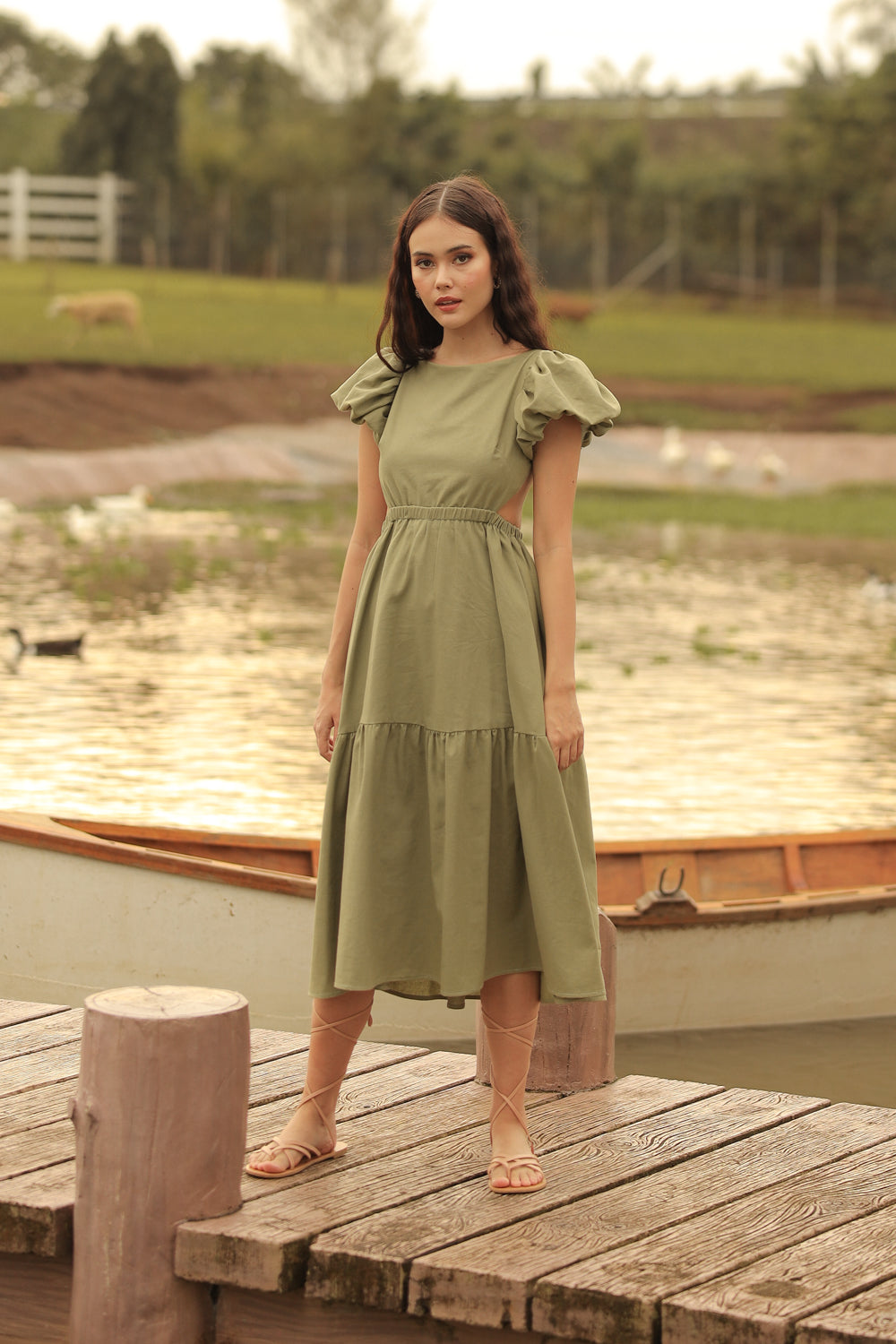 CUENCA Puff Sleeve Cross Back Gartered Midi Dress Avocado Green Linen