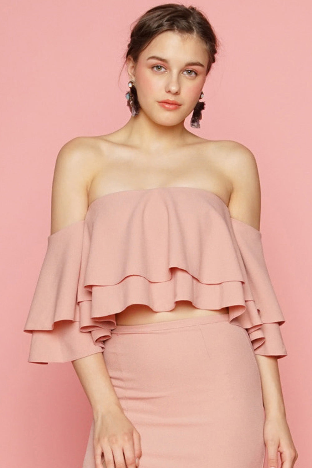 EMILIA DRESS SET Layered Off Shoulder Top High Slit Skirt Blush Pink