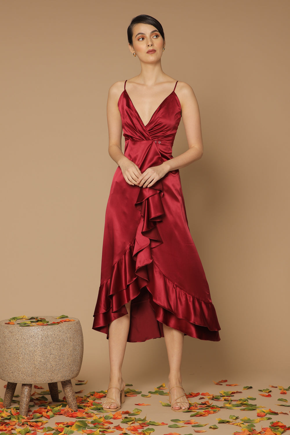 LAS PALMAS Deep V Silk Wrap Dress with Cascading Ruffles Maroon