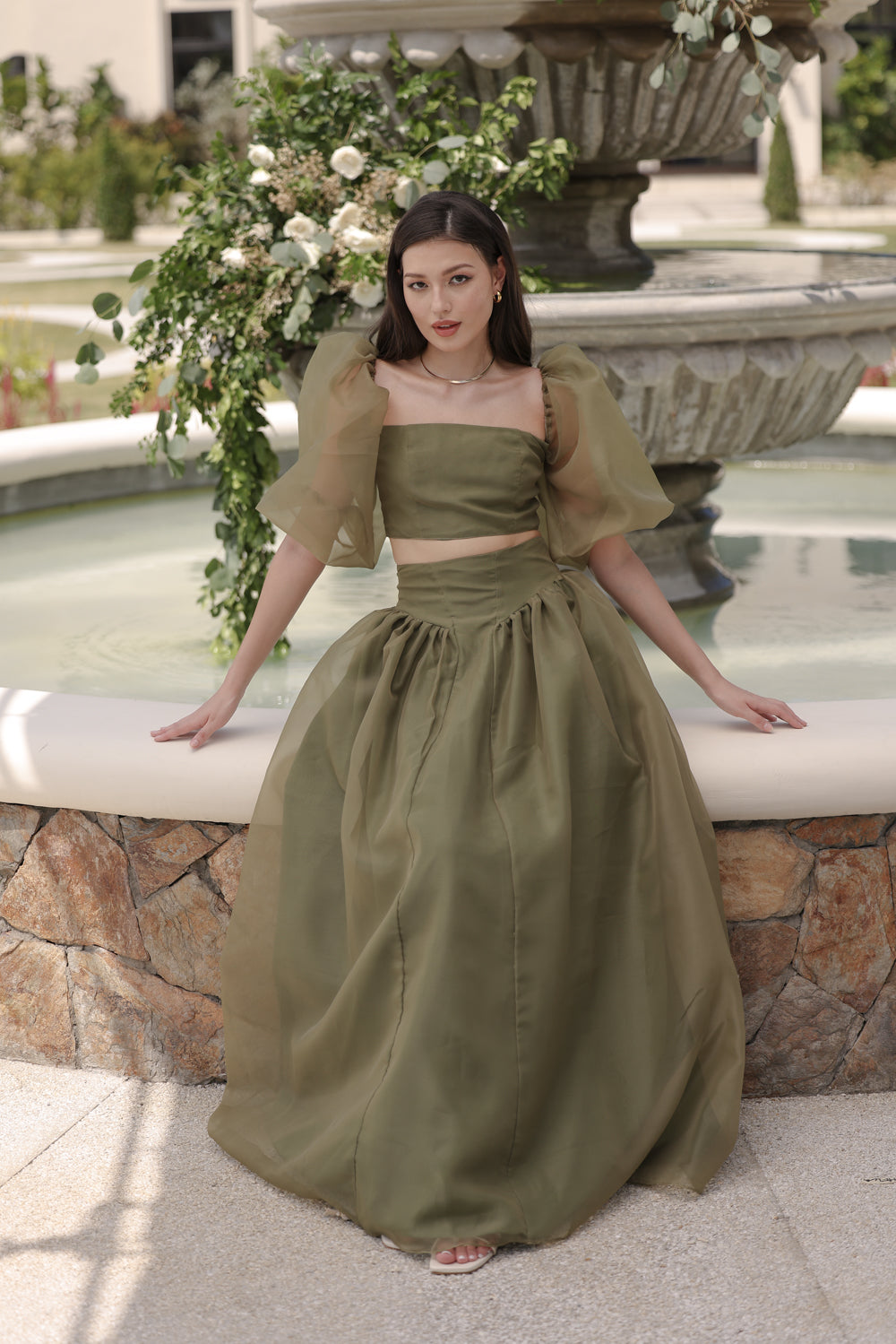 PERLITA SET Puff Sleeve Top with Baroque Style High Waist Maxi Skirt ...