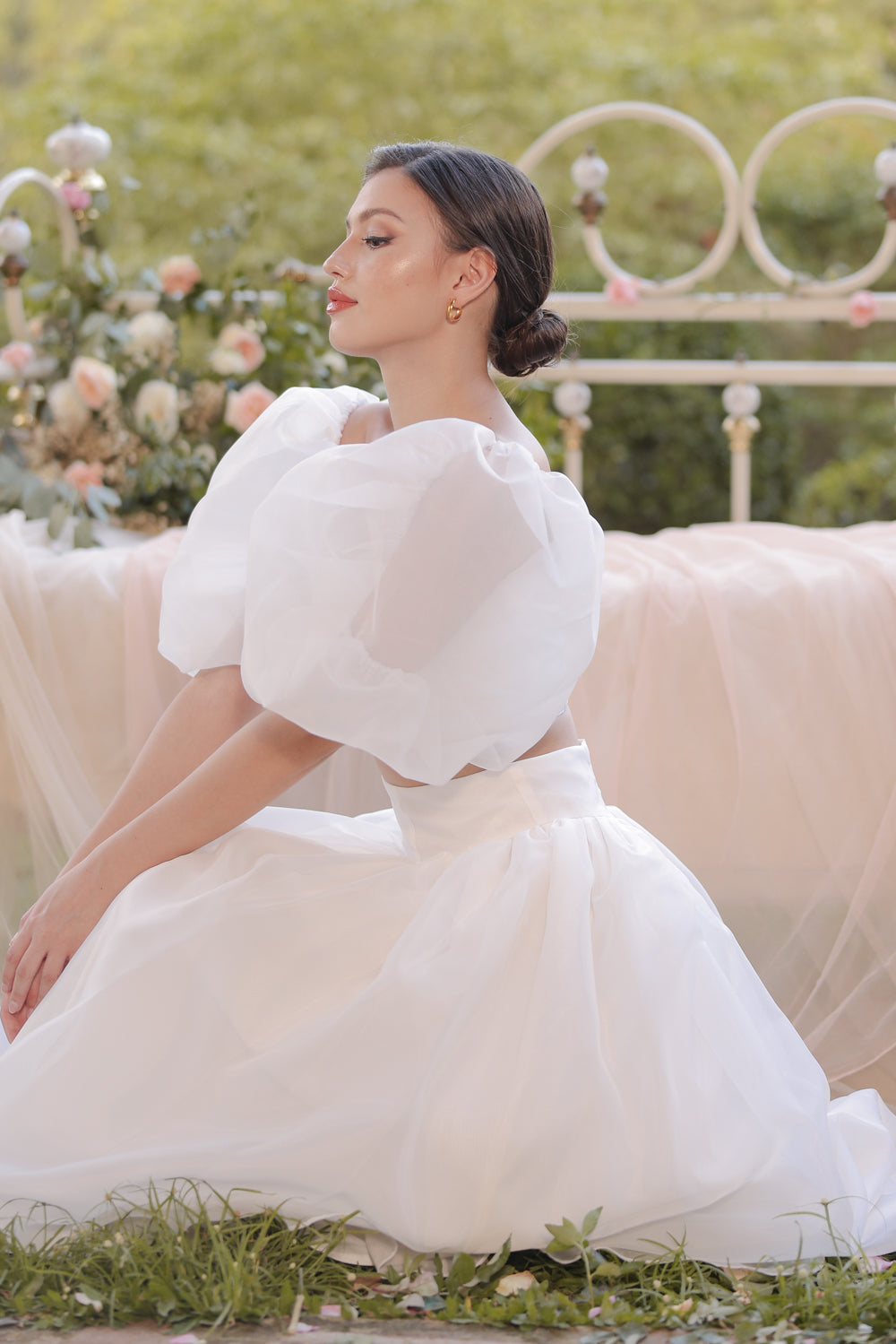 PERLA SET Puff Sleeve Top with Baroque Style High Waist Midi Skirt (Iv ...