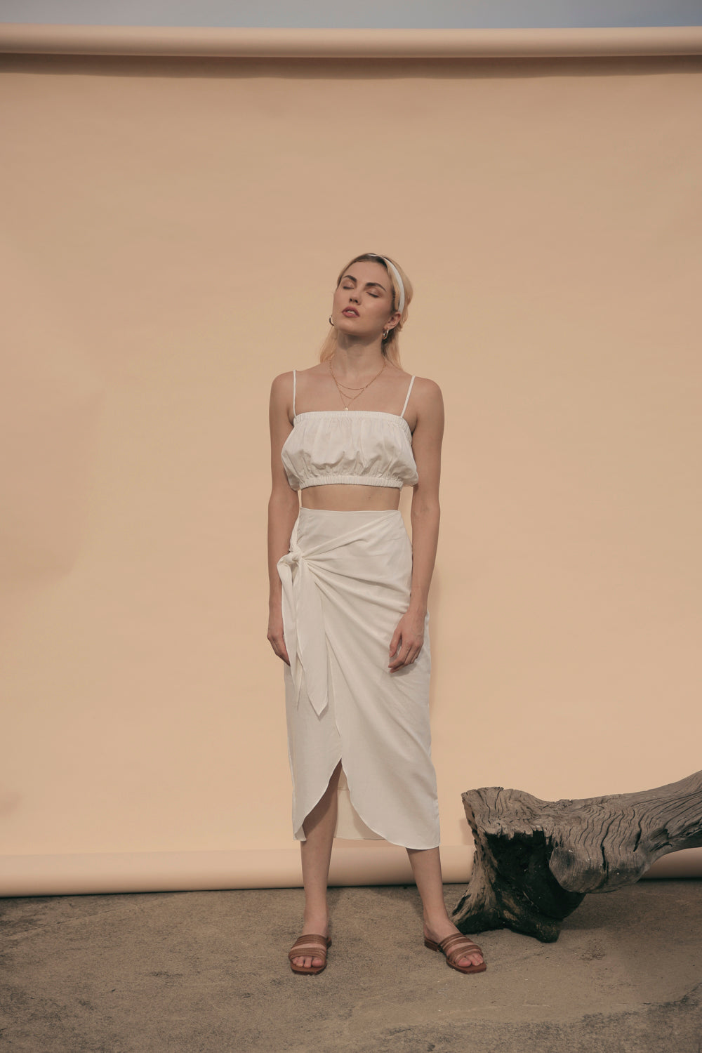 NICE Two Piece Gartered Crop Top and Wrap Around Skirt (White Linen)