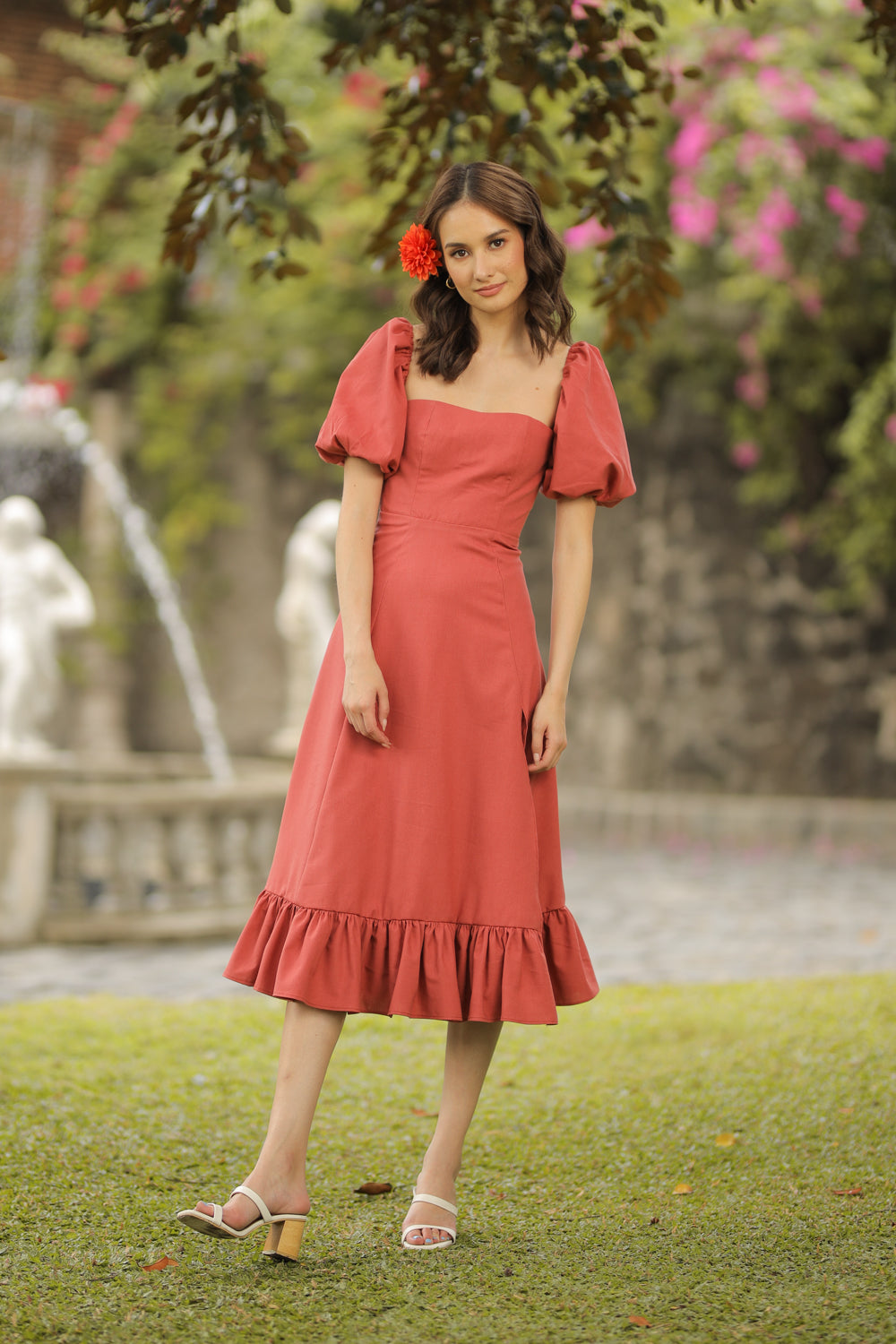 MARCELA Puff Sleeve Semi Sweetheart Midi Dress with Slit and Ruffle Hem Rust Linen