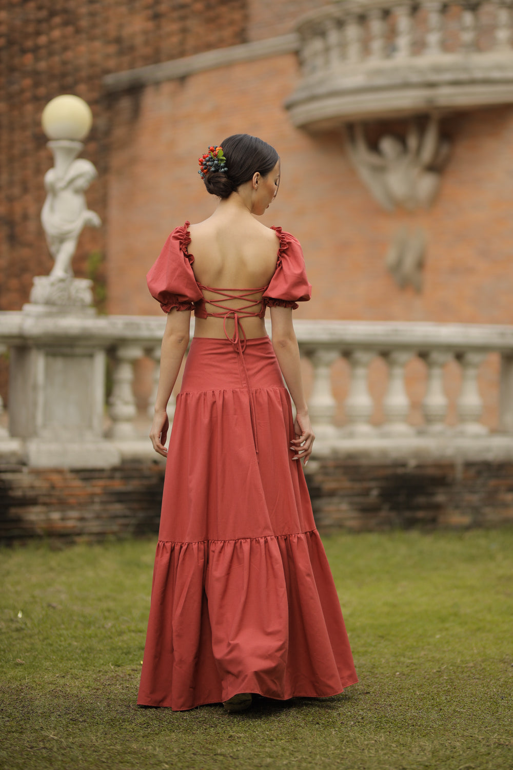 PALMIRA DRESS Puff Sleeve Crop Blouse with Cross Tie Back and High Waist  Shirred Maxi Skirt (Rust Linen