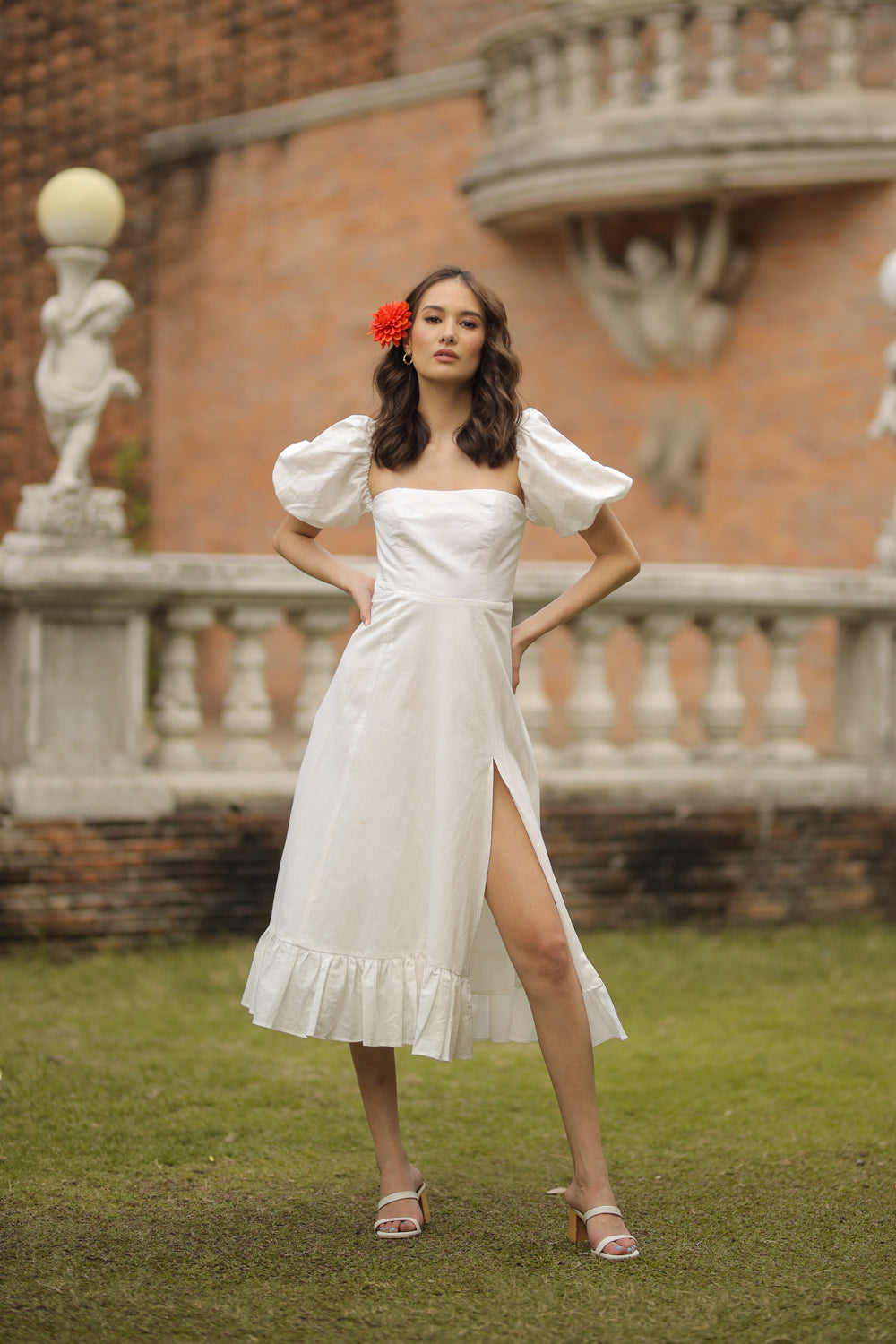 MARCELA Puff Sleeve Semi Sweetheart Midi Dress with Slit and Ruffle Hem White Linen