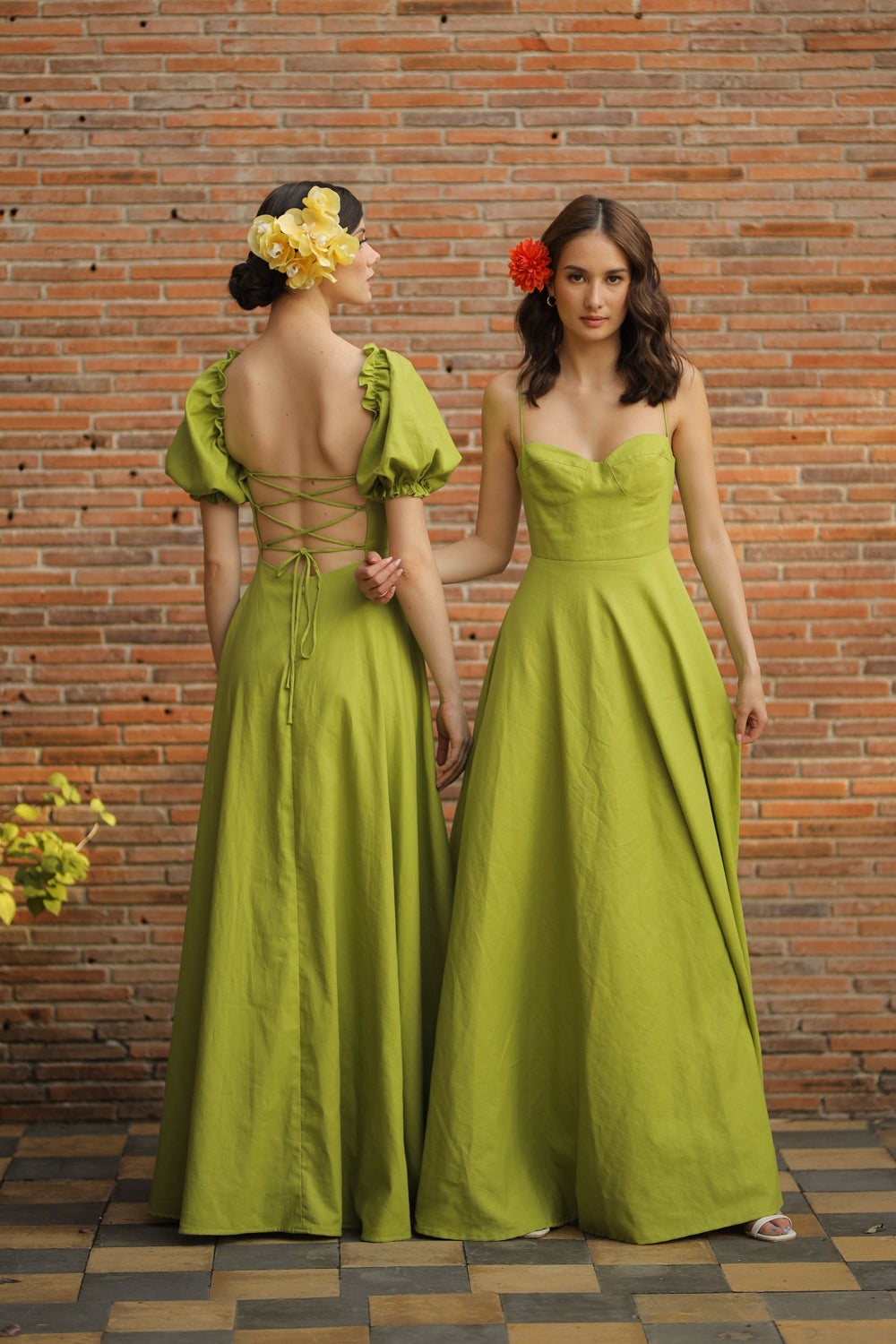 CONCEPCION Puff Sleeve Cross Tie Back Maxi Dress Lime Green Linen