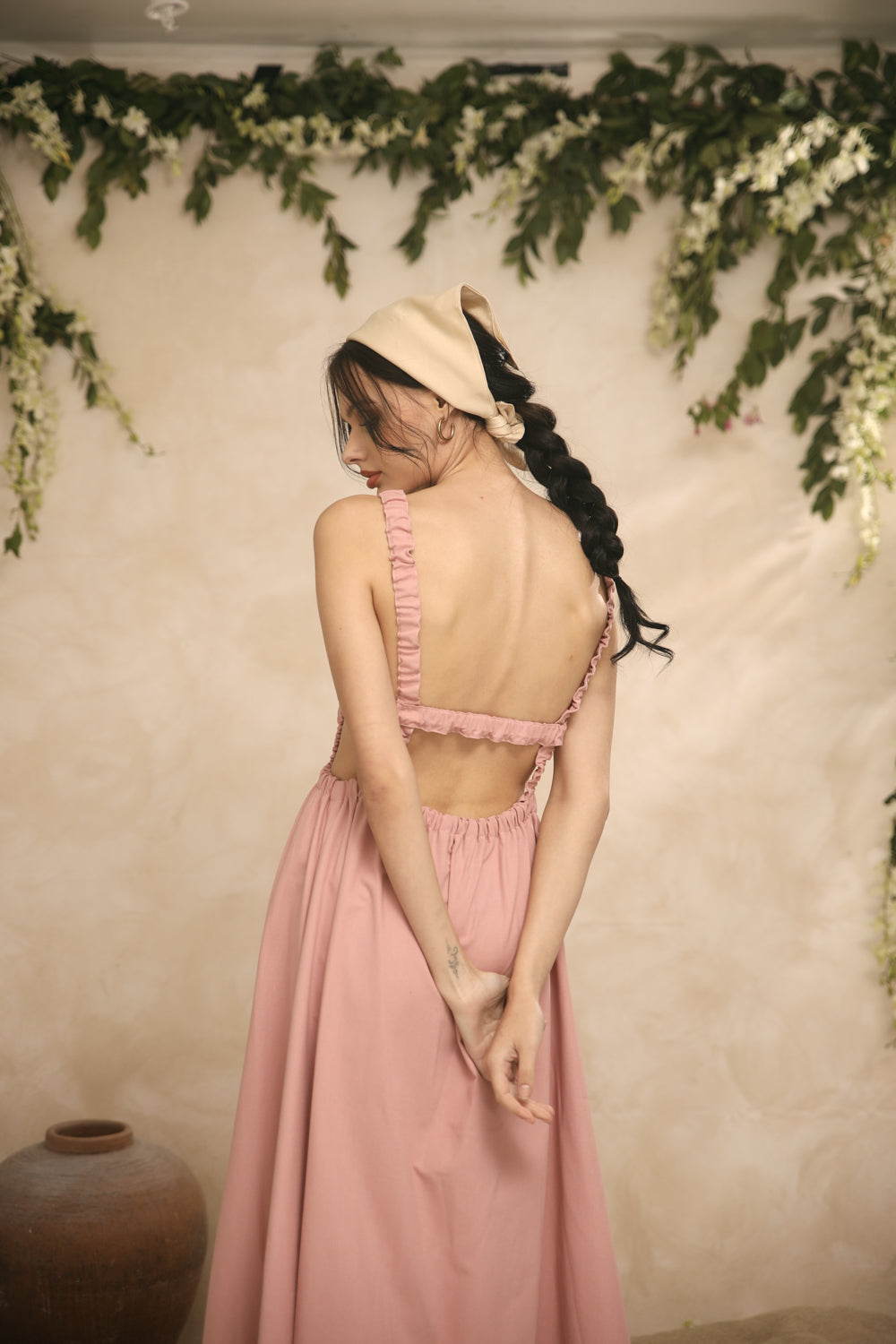 SIERRA Gartered Backless Midi Dress (Pink Linen) Zoo Label SIERRA Gartered Backless Midi Dress (Pink Linen) Zoo Label