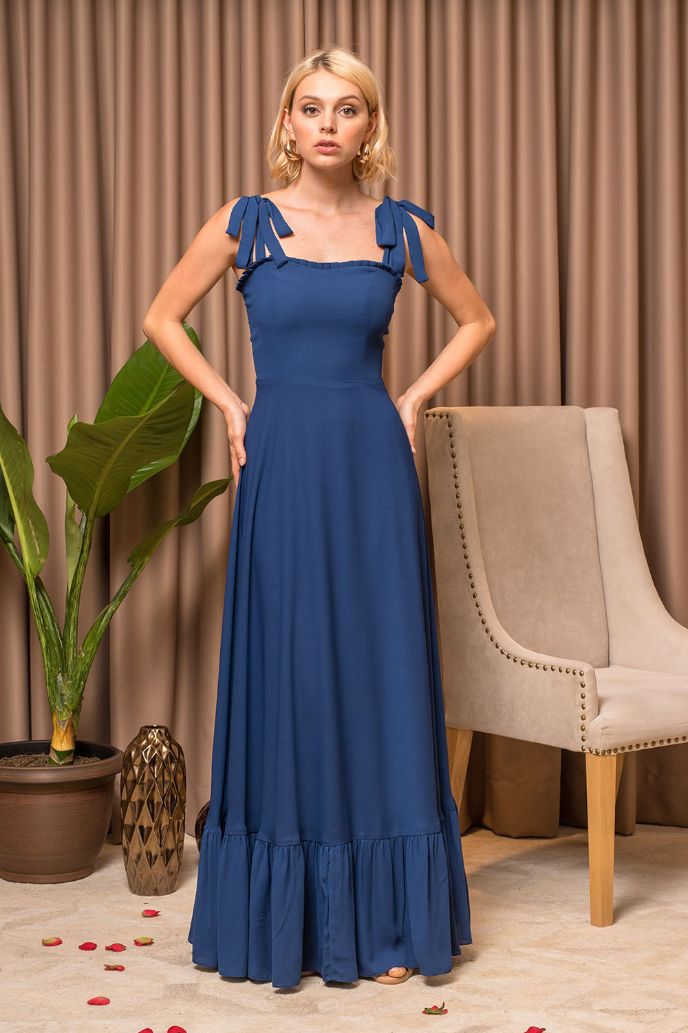 OAHU Chiffon Maxi Dress With Bow Straps Midnight Blue Chiffon Zoo Label OAHU Chiffon Maxi Dress With Bow Straps Midnight Blue Chiffon Zoo Label