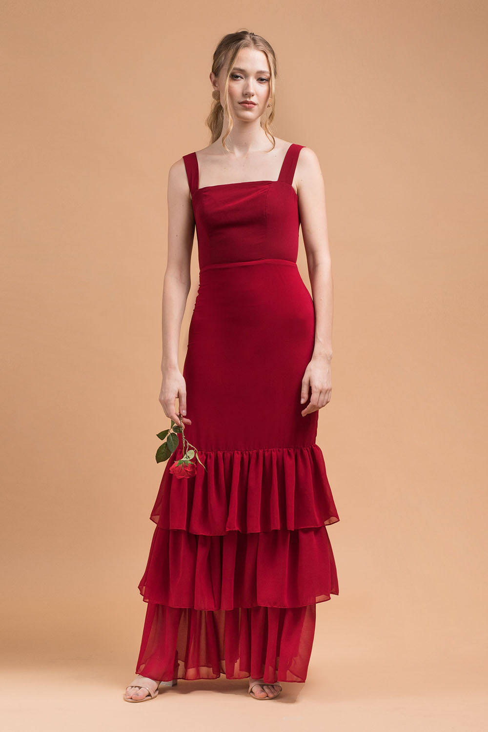 TIJUANA Layered Ruffle Maxi Dress with Thick Straps (Maroon Chiffon