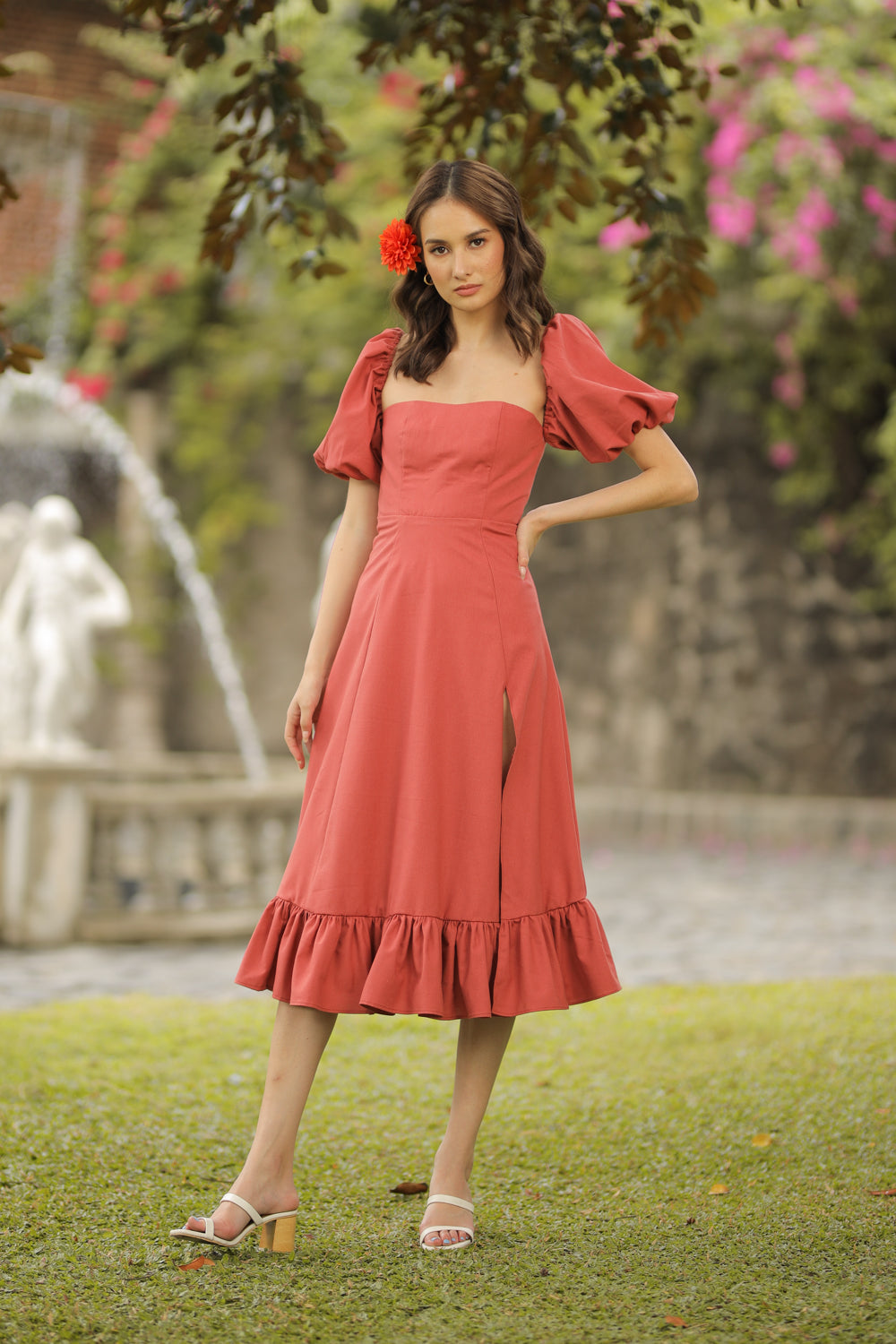 MARCELA Puff Sleeve Semi Sweetheart Midi Dress with Slit and Ruffle Hem (Rust Linen) MARCELA Puff Sleeve Semi Sweetheart Midi Dress with Slit and Ruffle Hem (Rust Linen)
