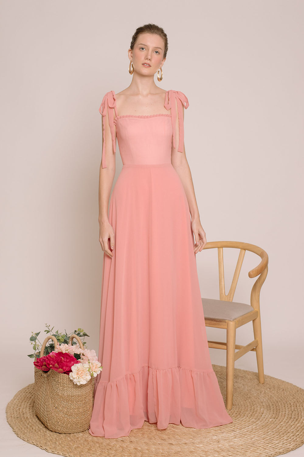 OAHU Chiffon Maxi Dress with Bow Straps Salmon Pink Chiffon Zoo Label