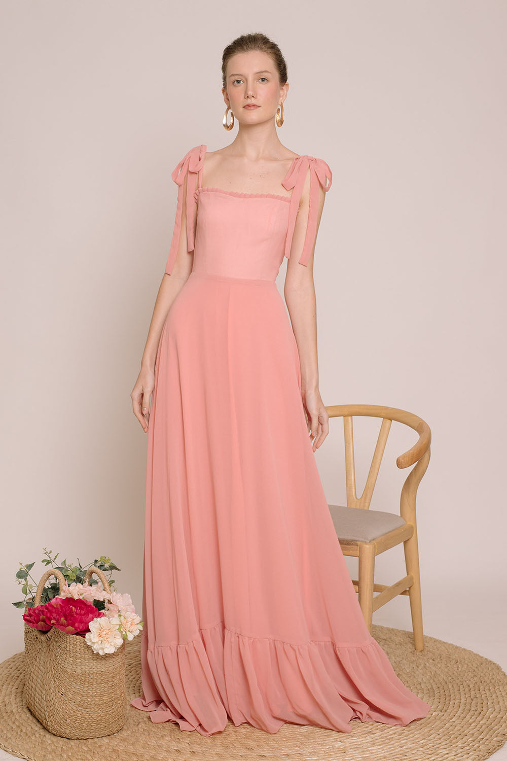 OAHU Chiffon Maxi Dress with Bow Straps (Salmon Pink Chiffon) OAHU Chiffon Maxi Dress with Bow Straps (Salmon Pink Chiffon)